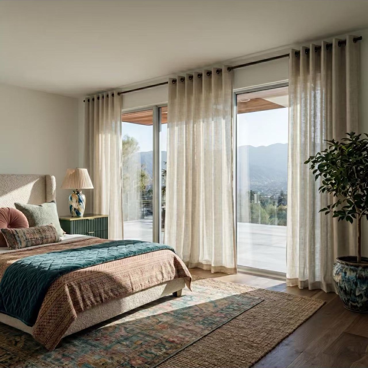 Bedroom with full-length sheer curtains