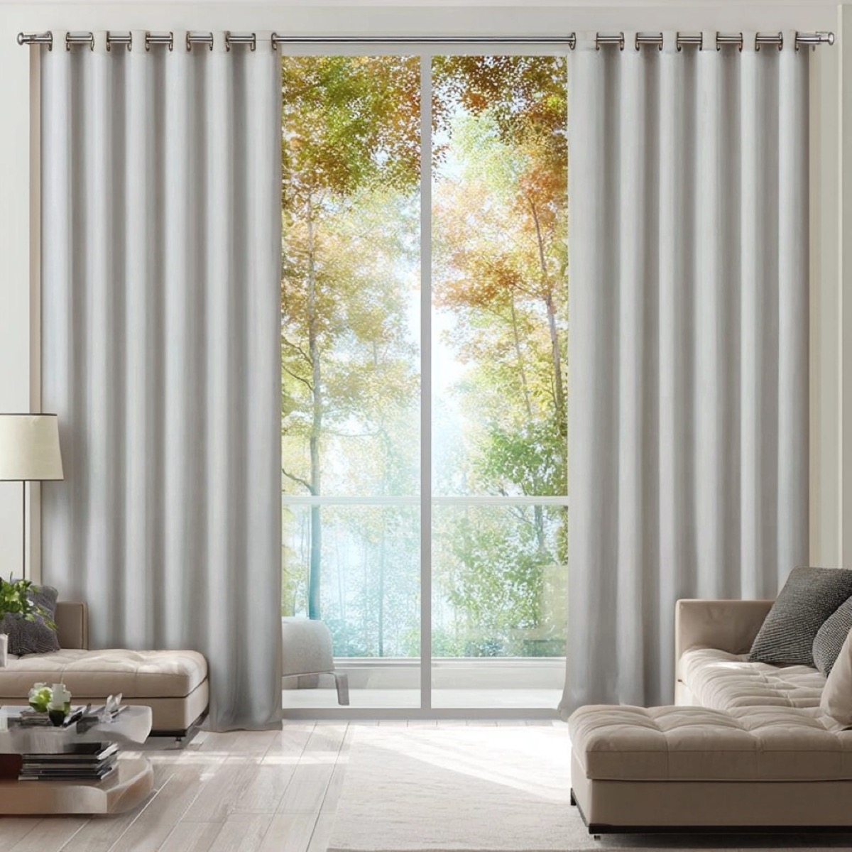 Light grey blackout curtains in a bright living room